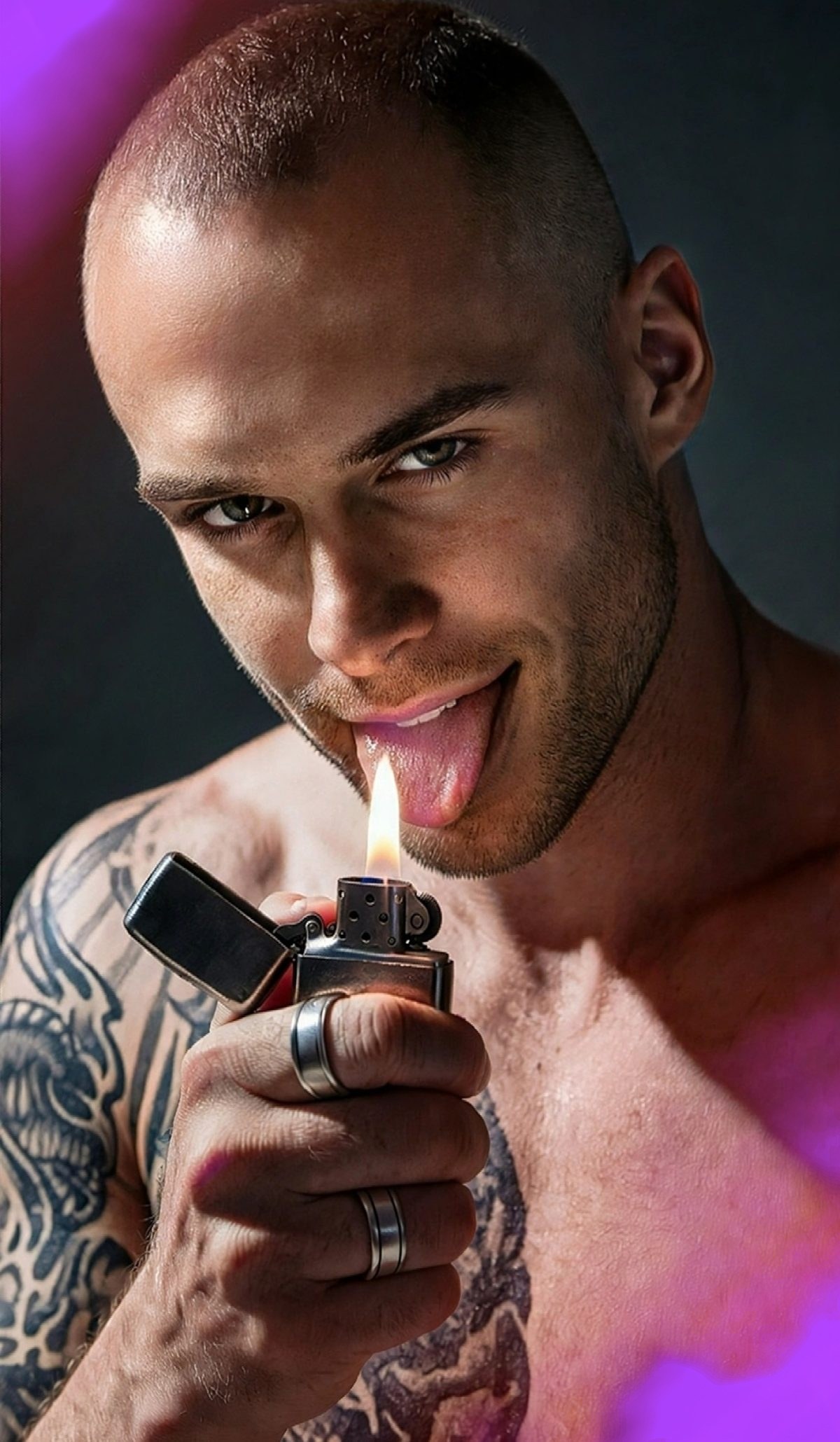 Niko Santano, M2M Sensual Massage Toronto — an intense gaze and flame in hand, in the private Church & Wellesley studio
